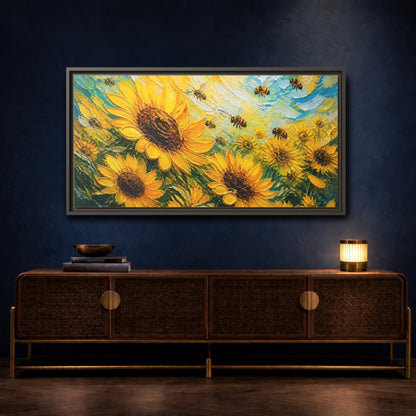 Mockup 4. Sunflower Field With Bees shown as framed canvas print