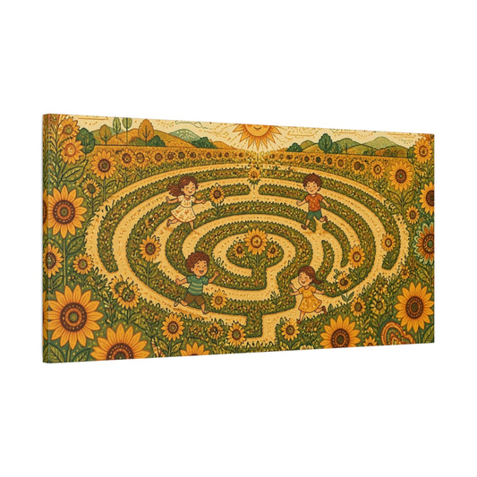 Main Mockup. Sunflower Maze Playtime shown as canvas print