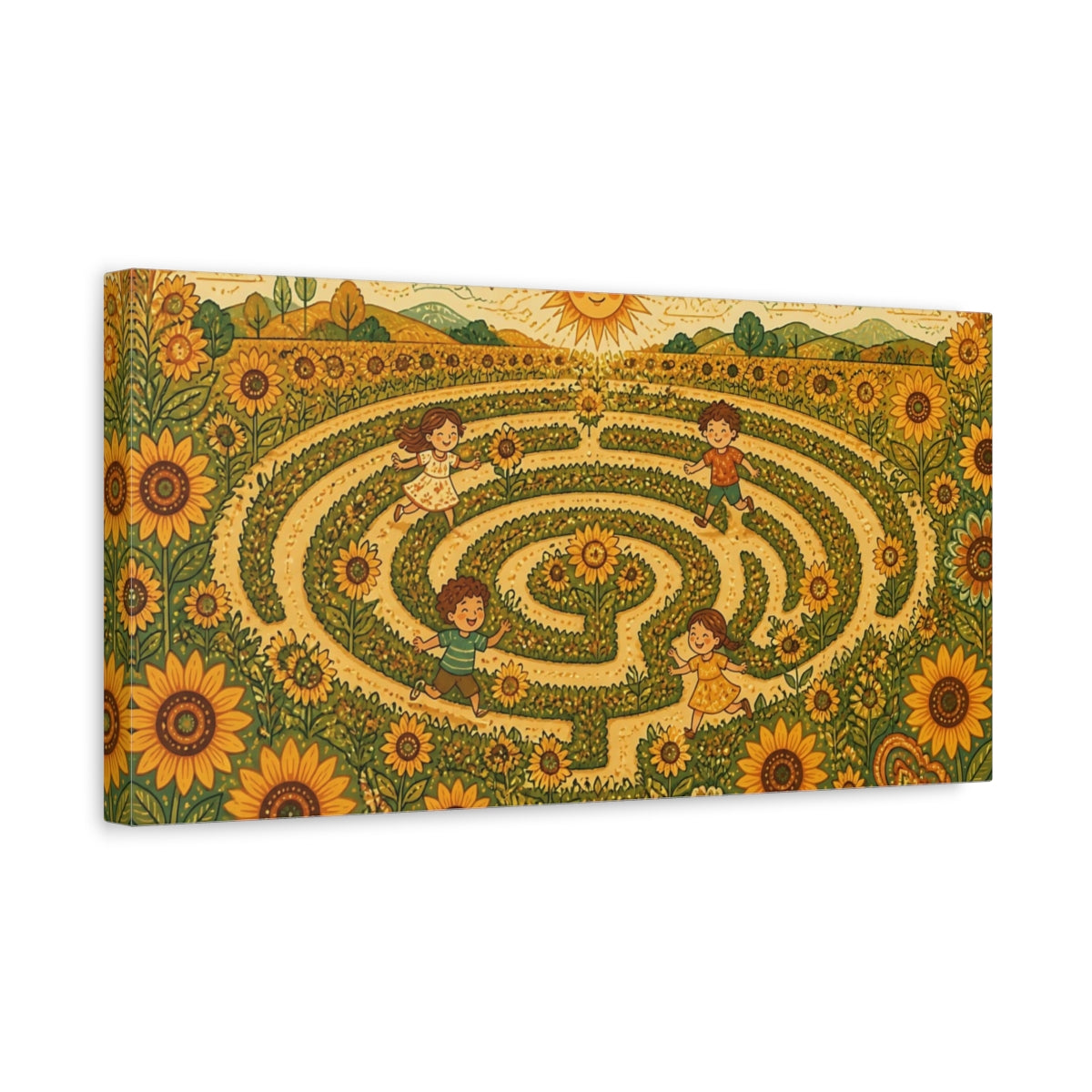 Side Mockup 3. Sunflower Maze Playtime shown as canvas print