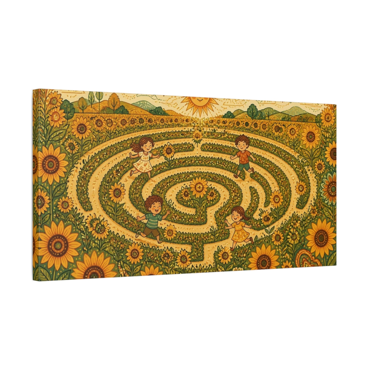 Side Mockup 1. Sunflower Maze Playtime shown as canvas print