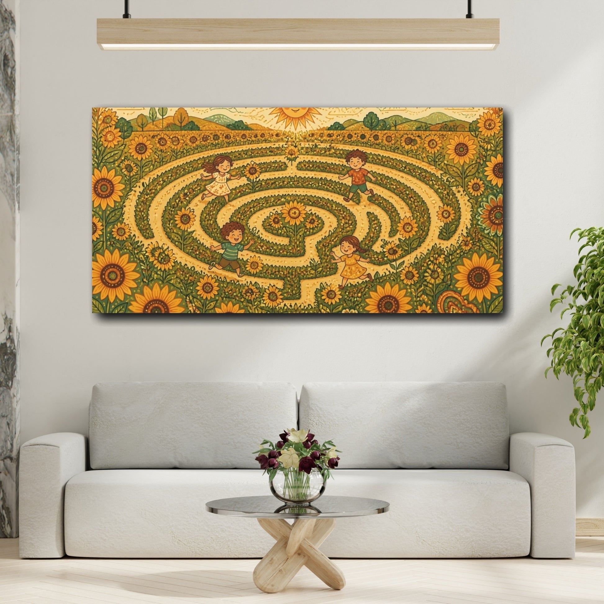 Mockup 2. Sunflower Maze Playtime shown as canvas print
