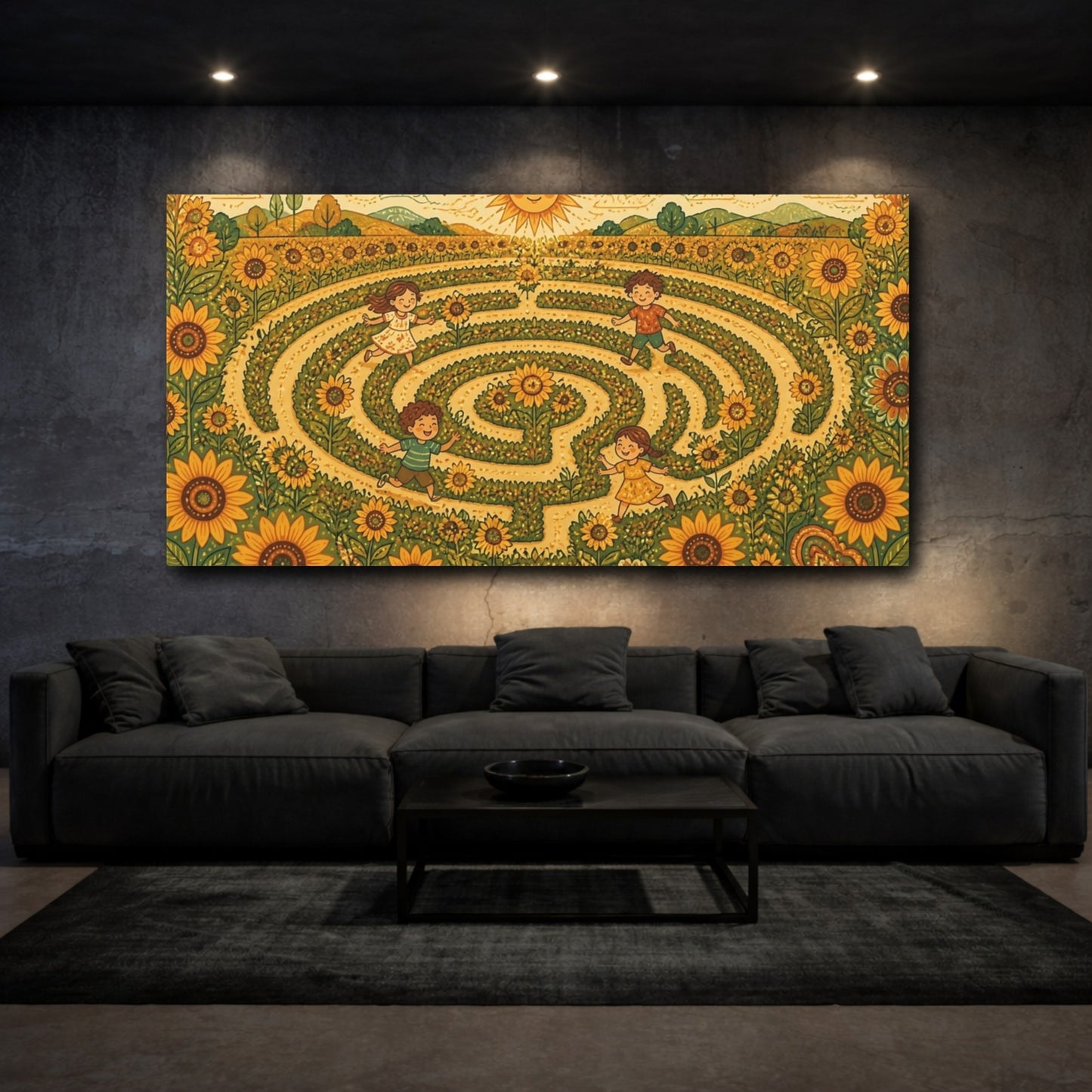 Mockup 3. Sunflower Maze Playtime shown as canvas print