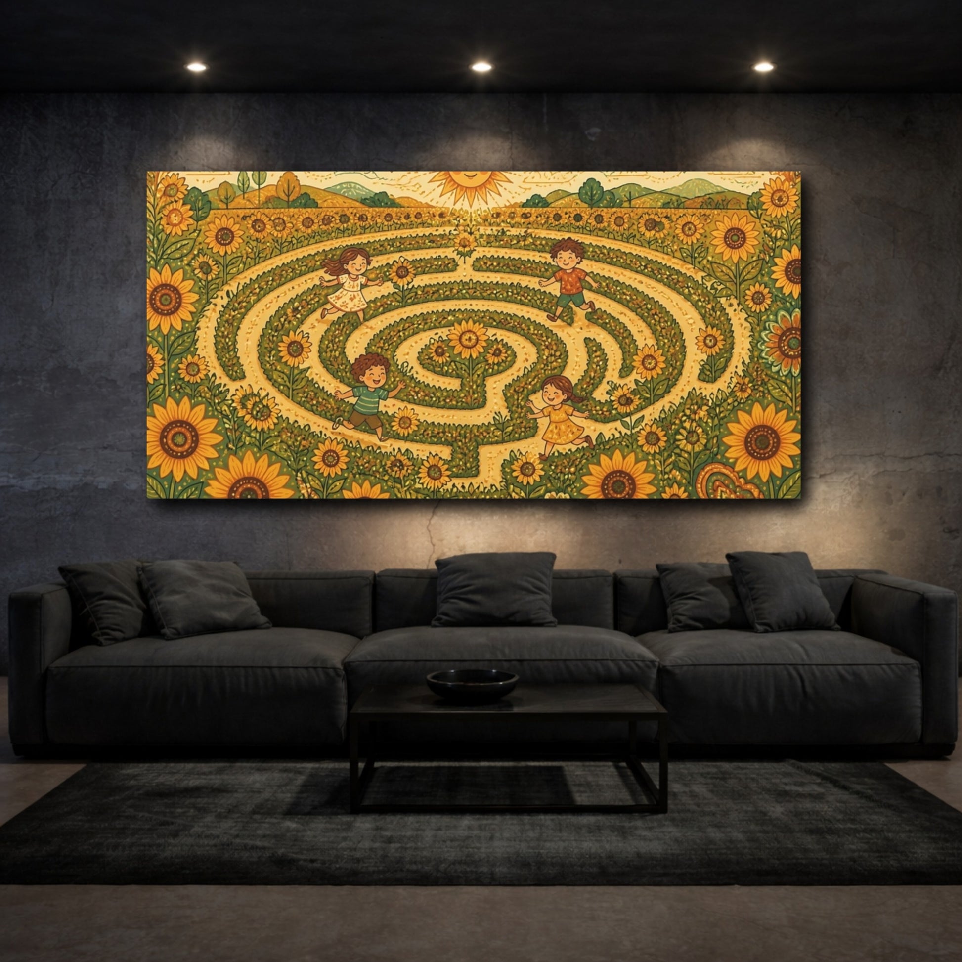 Mockup 3. Sunflower Maze Playtime shown as canvas print