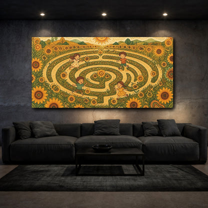 Mockup 3. Sunflower Maze Playtime shown as canvas print