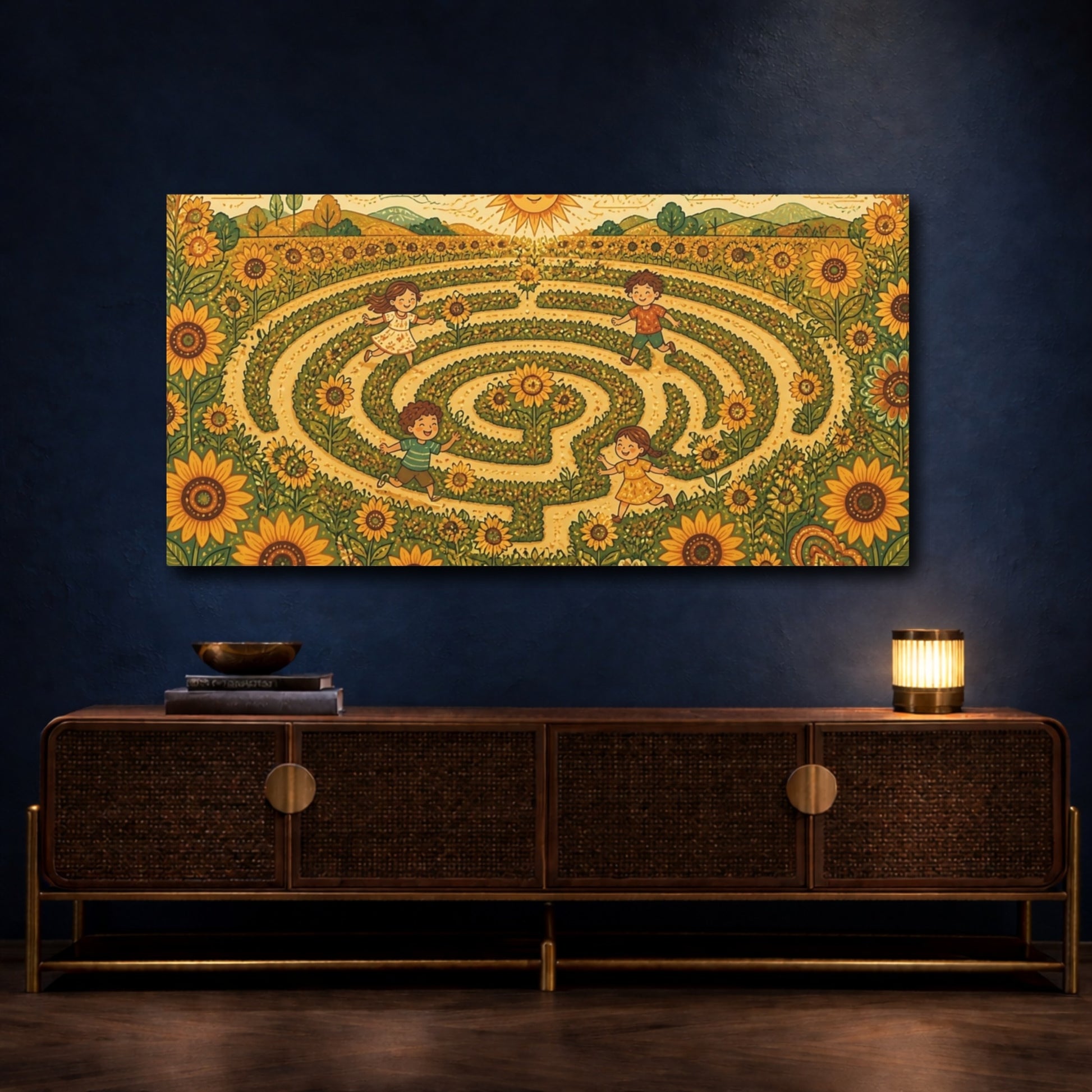Mockup 4. Sunflower Maze Playtime shown as canvas print