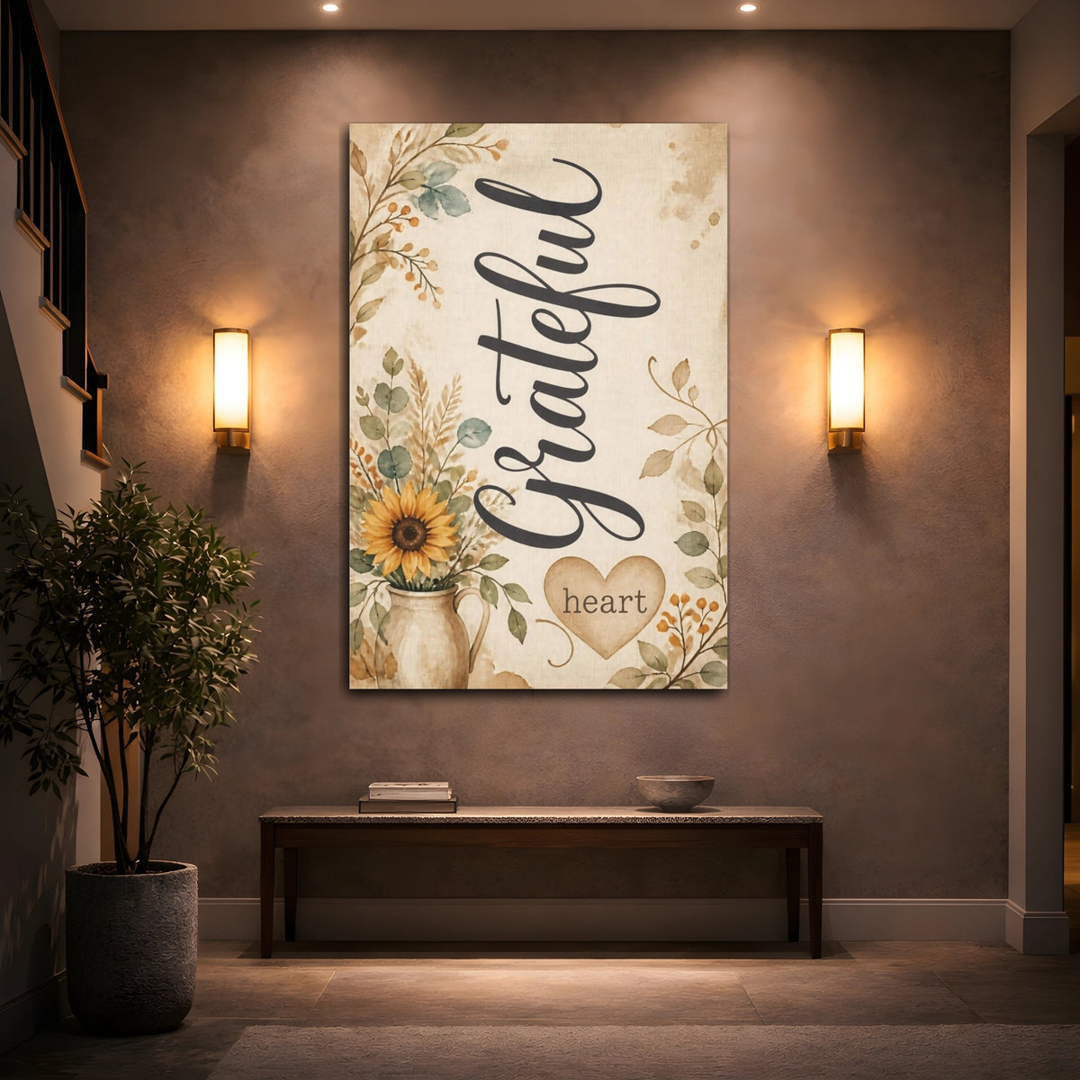 Mockup 2. Sunflower Quote Grateful Heart shown as canvas print
