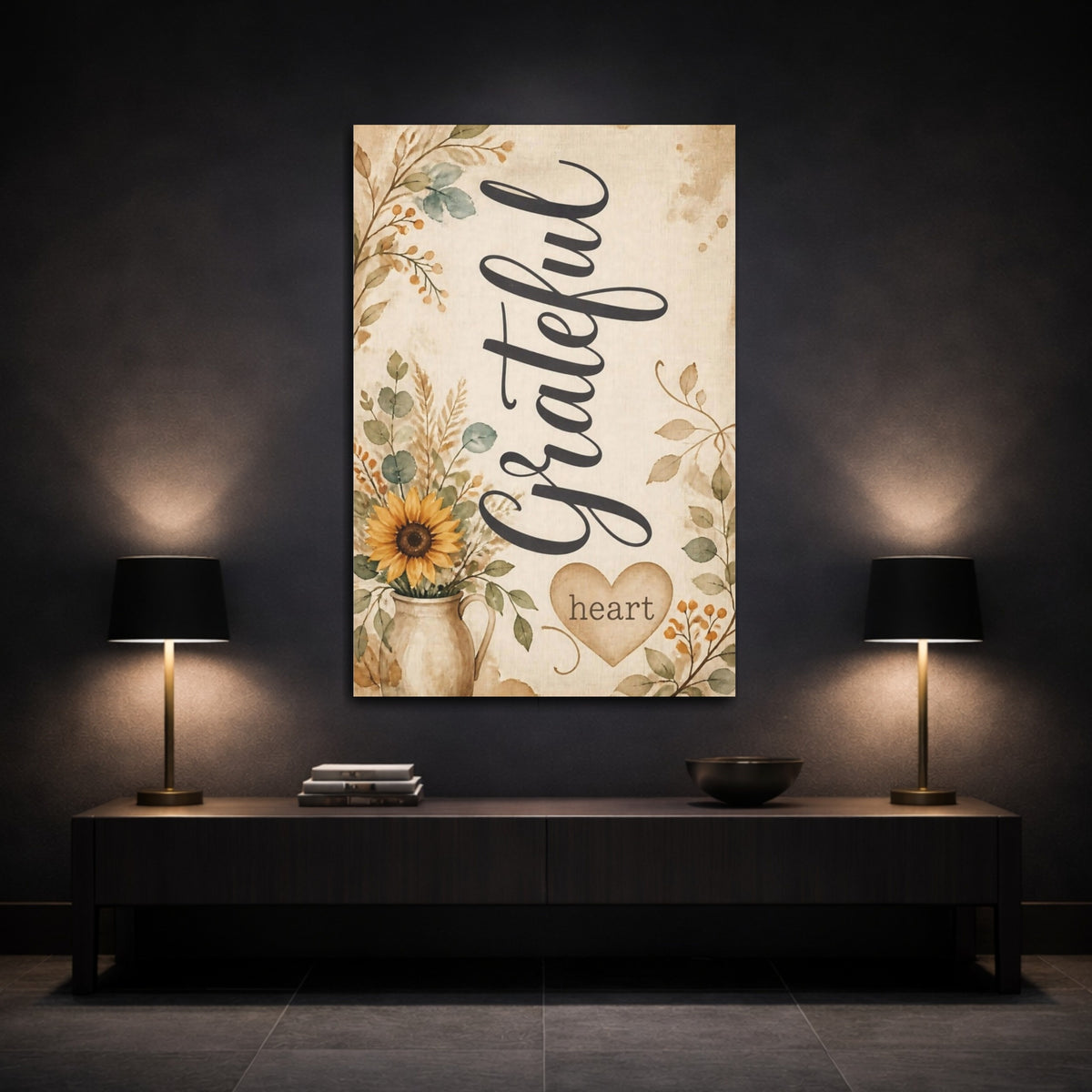 Mockup 3. Sunflower Quote Grateful Heart shown as canvas print