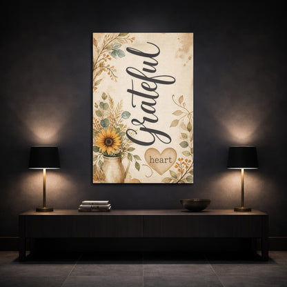 Mockup 3. Sunflower Quote Grateful Heart shown as canvas print