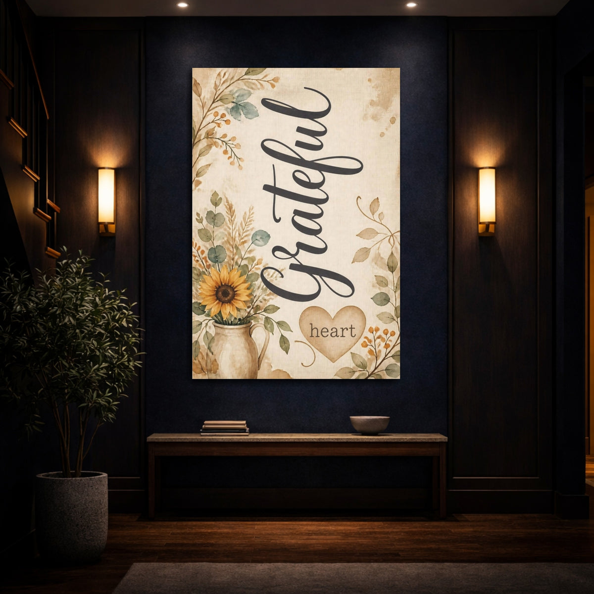 Mockup 4. Sunflower Quote Grateful Heart shown as canvas print