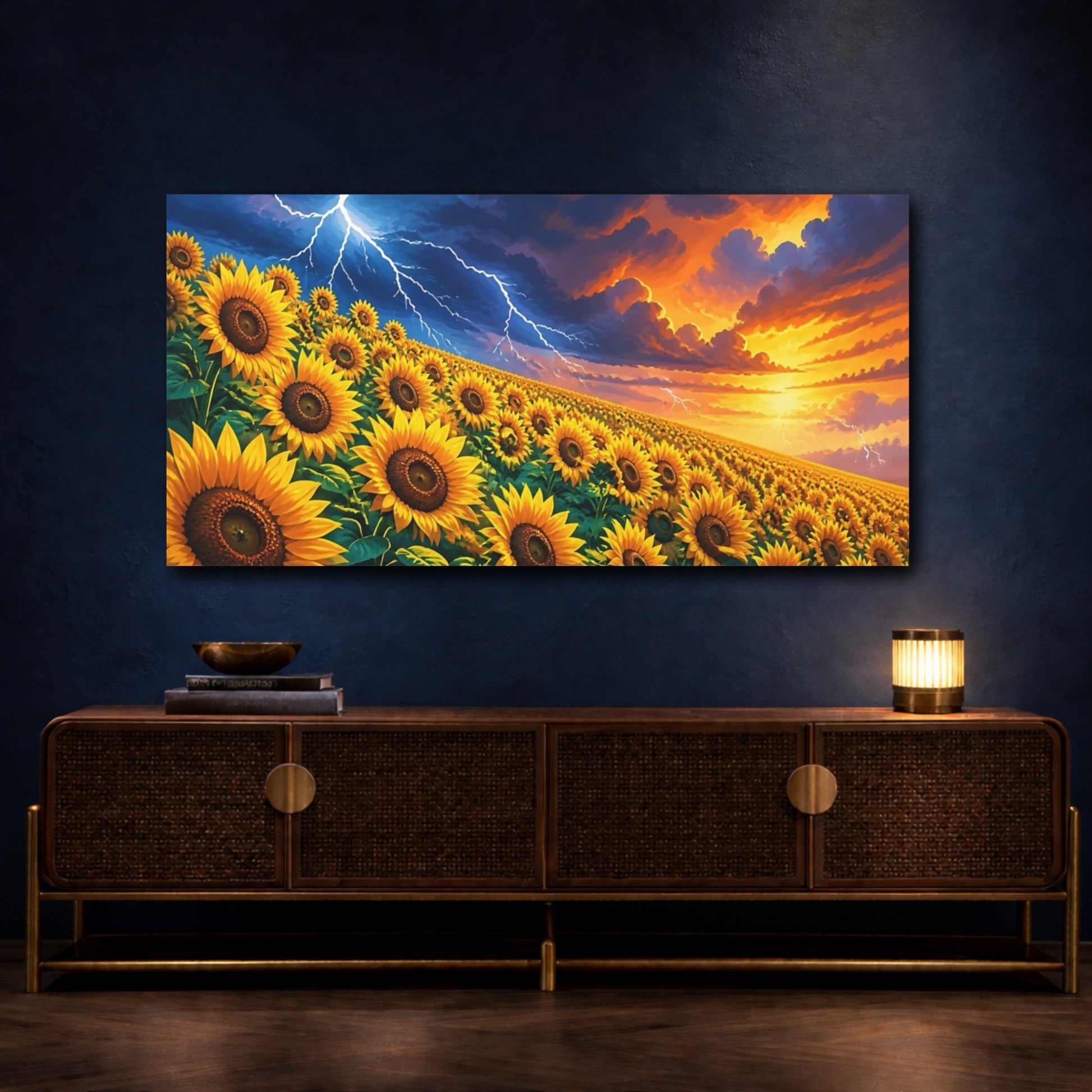 Mockup 4. Sunflower Storm At Dusk shown as canvas print