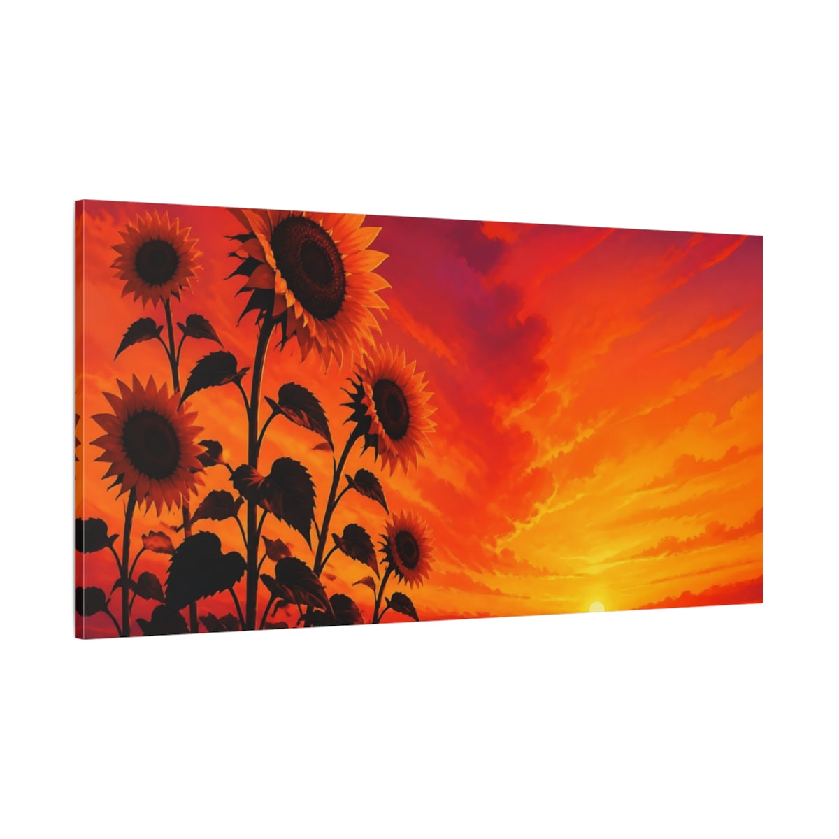 Side Mockup 2. Sunflowers At Fiery Sunset shown as canvas print
