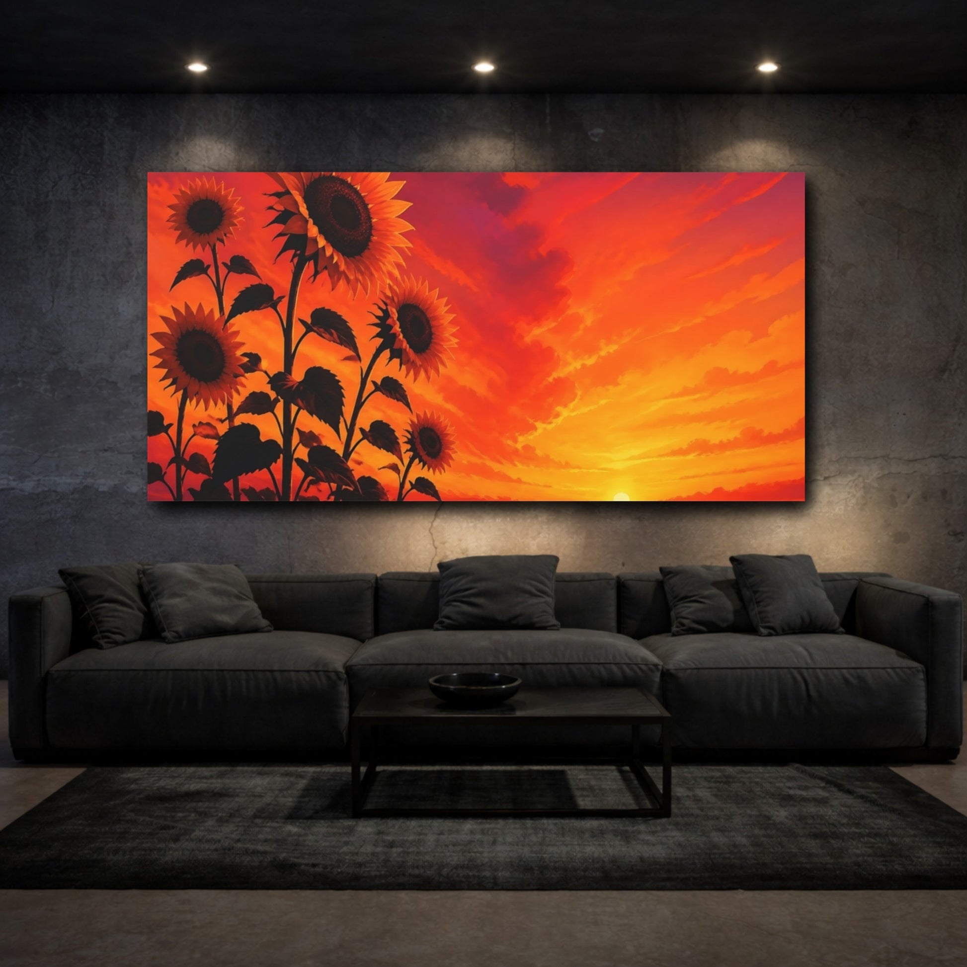 Mockup 3. Sunflowers At Fiery Sunset shown as canvas print