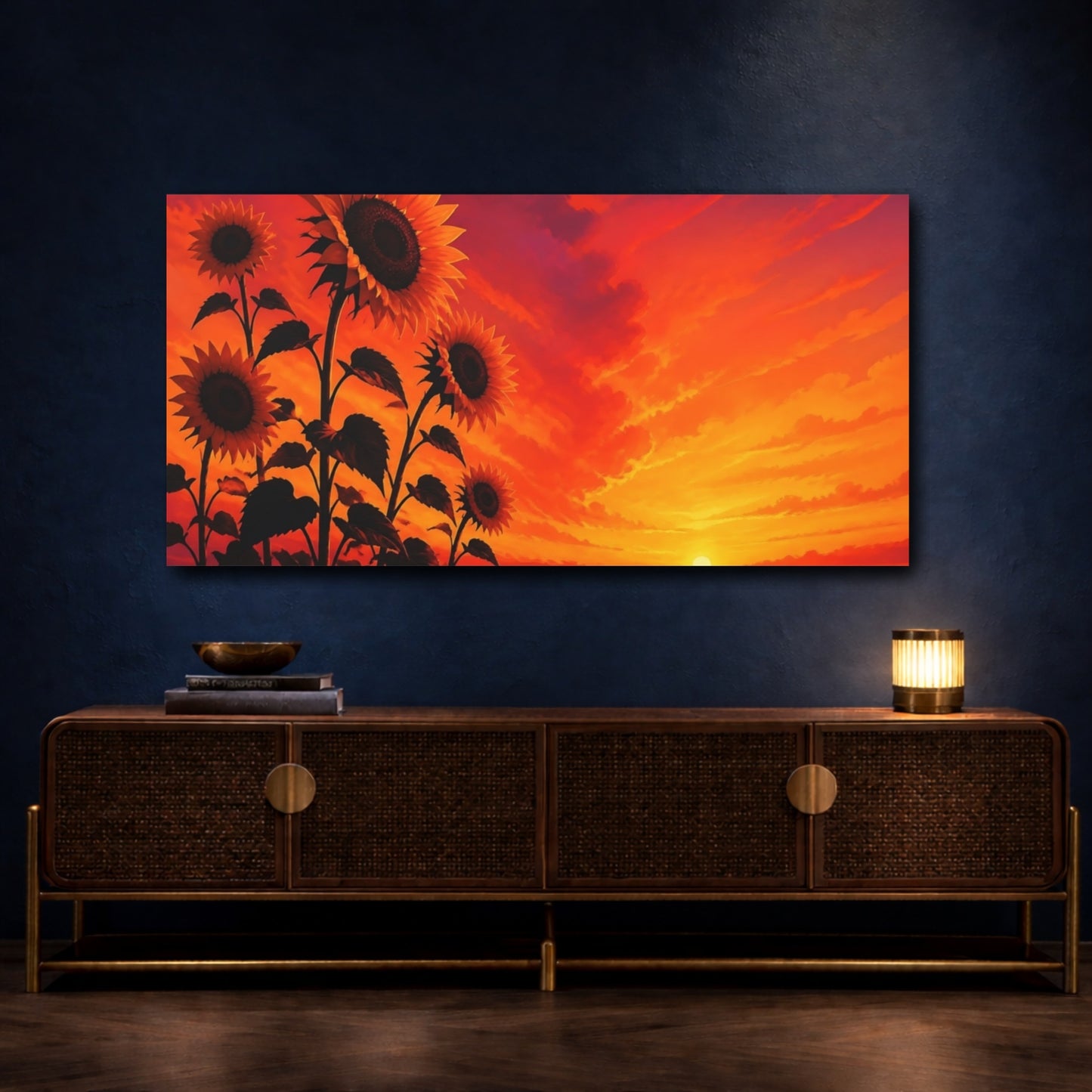 Mockup 4. Sunflowers At Fiery Sunset shown as canvas print
