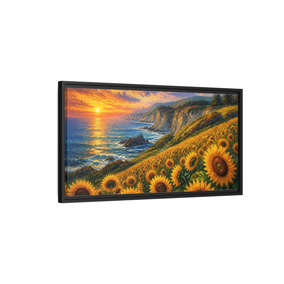 Side Mockup 2. Sunflowers By The Cliffs shown as framed canvas print