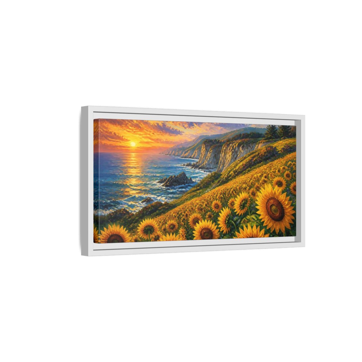 Side Mockup 6. Sunflowers By The Cliffs shown as framed canvas print