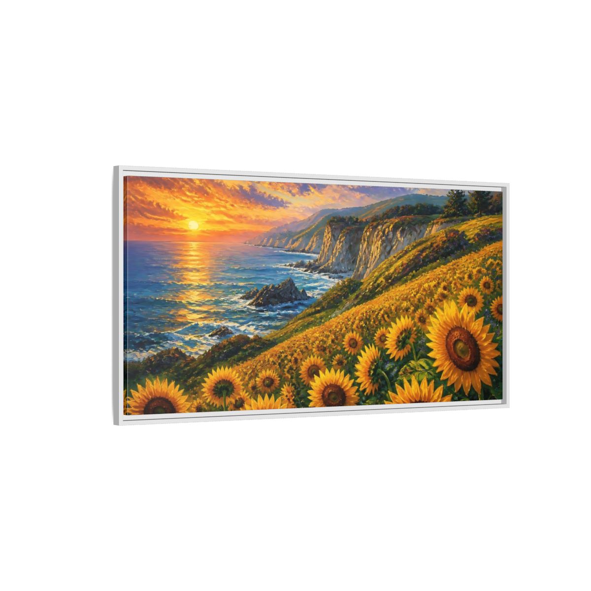 Side Mockup 3. Sunflowers By The Cliffs shown as framed canvas print