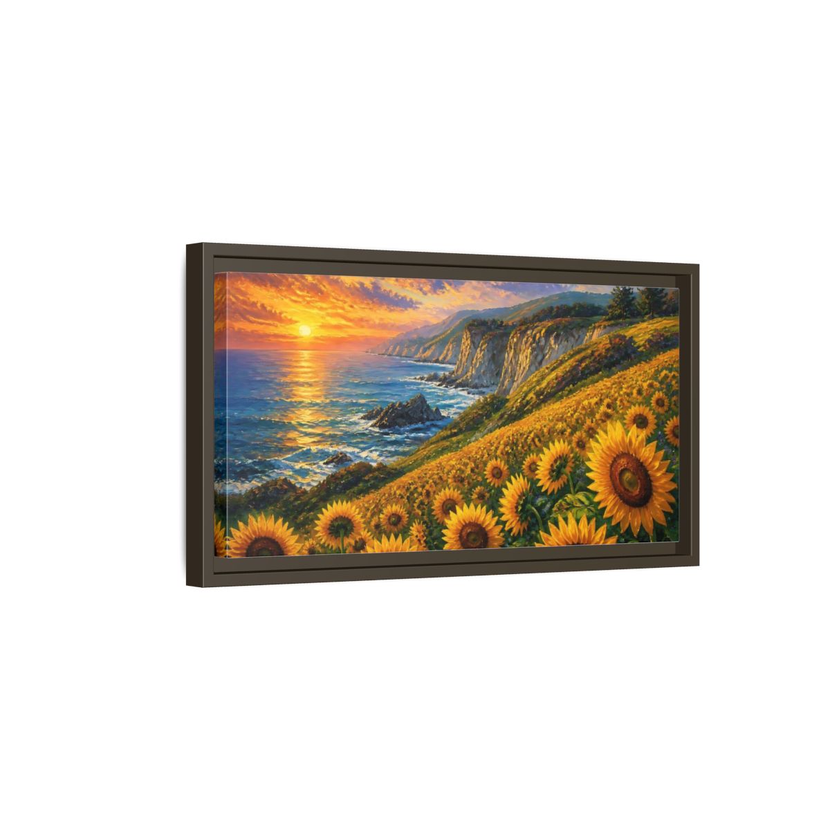 Side Mockup 7. Sunflowers By The Cliffs shown as framed canvas print