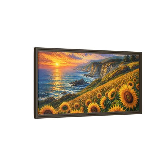 Main Mockup. Sunflowers By The Cliffs shown as framed canvas print