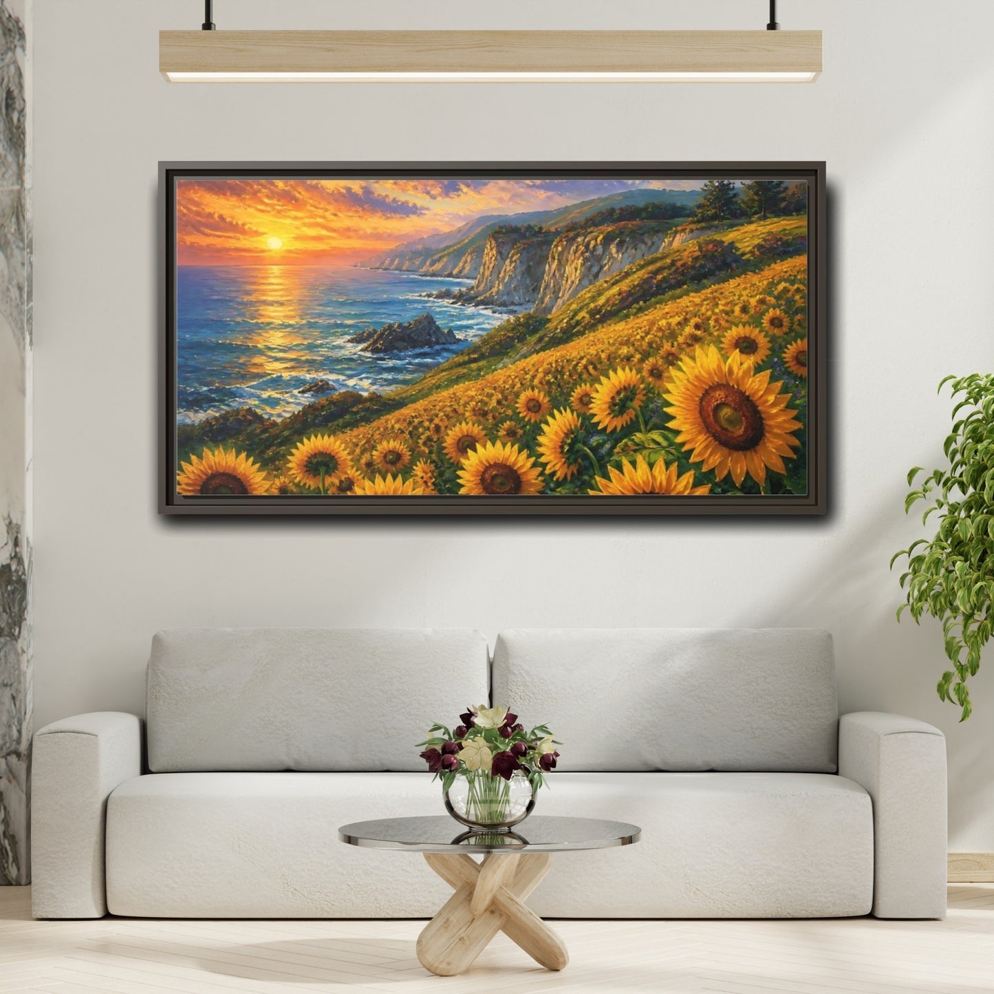 Mockup 2. Sunflowers By The Cliffs shown as framed canvas print