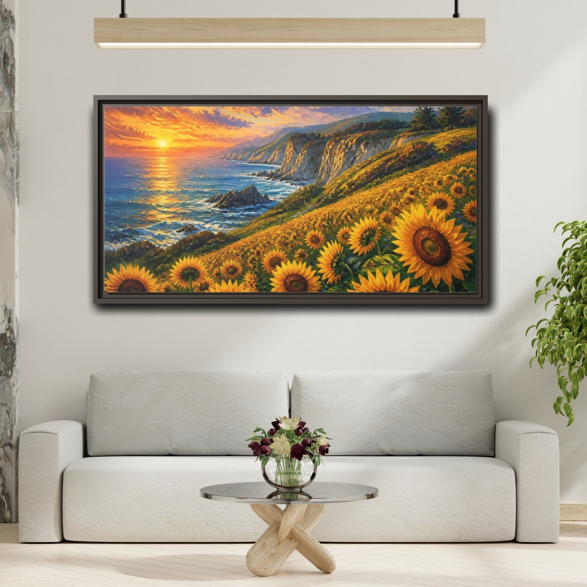 Mockup 2. Sunflowers By The Cliffs shown as framed canvas print