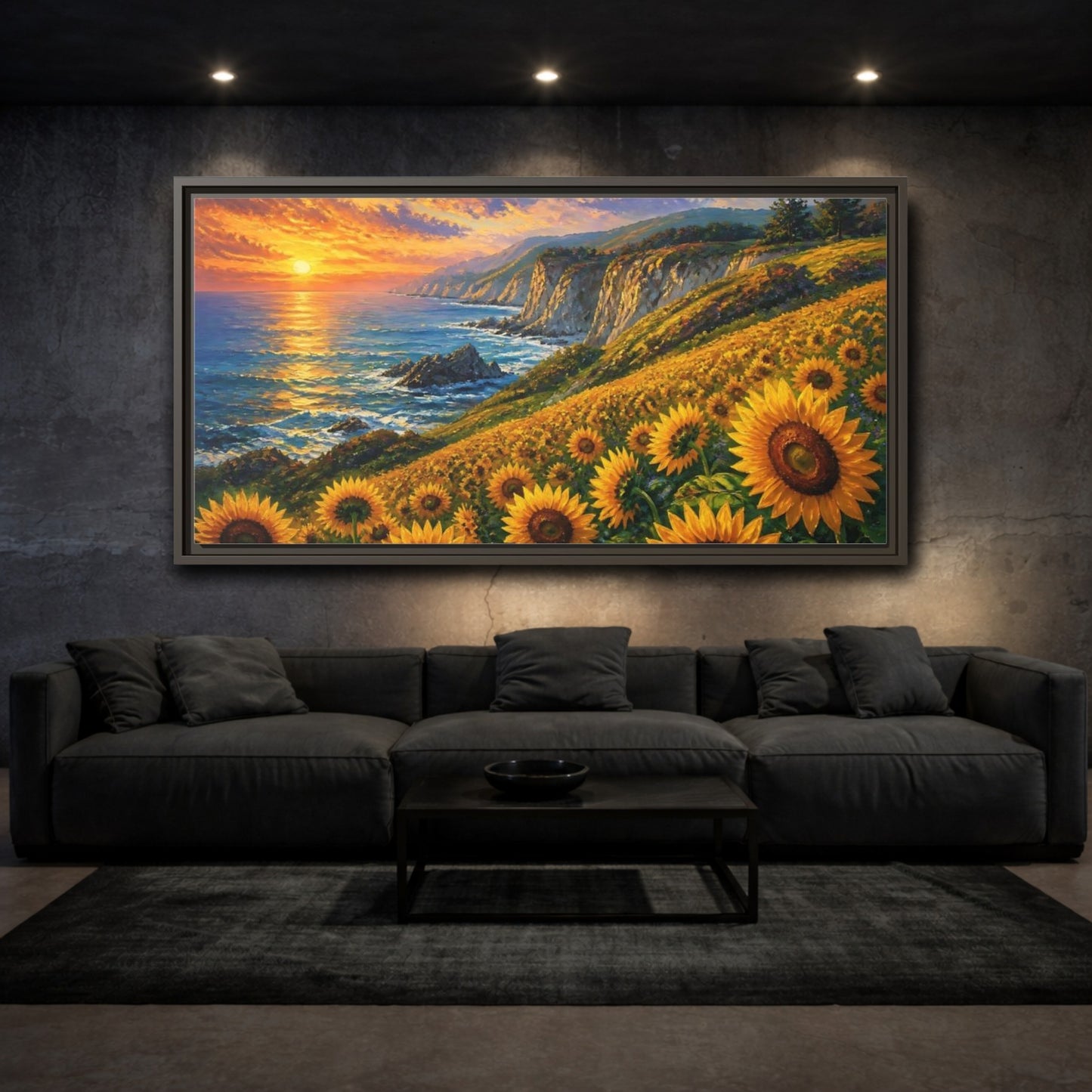 Mockup 3. Sunflowers By The Cliffs shown as framed canvas print