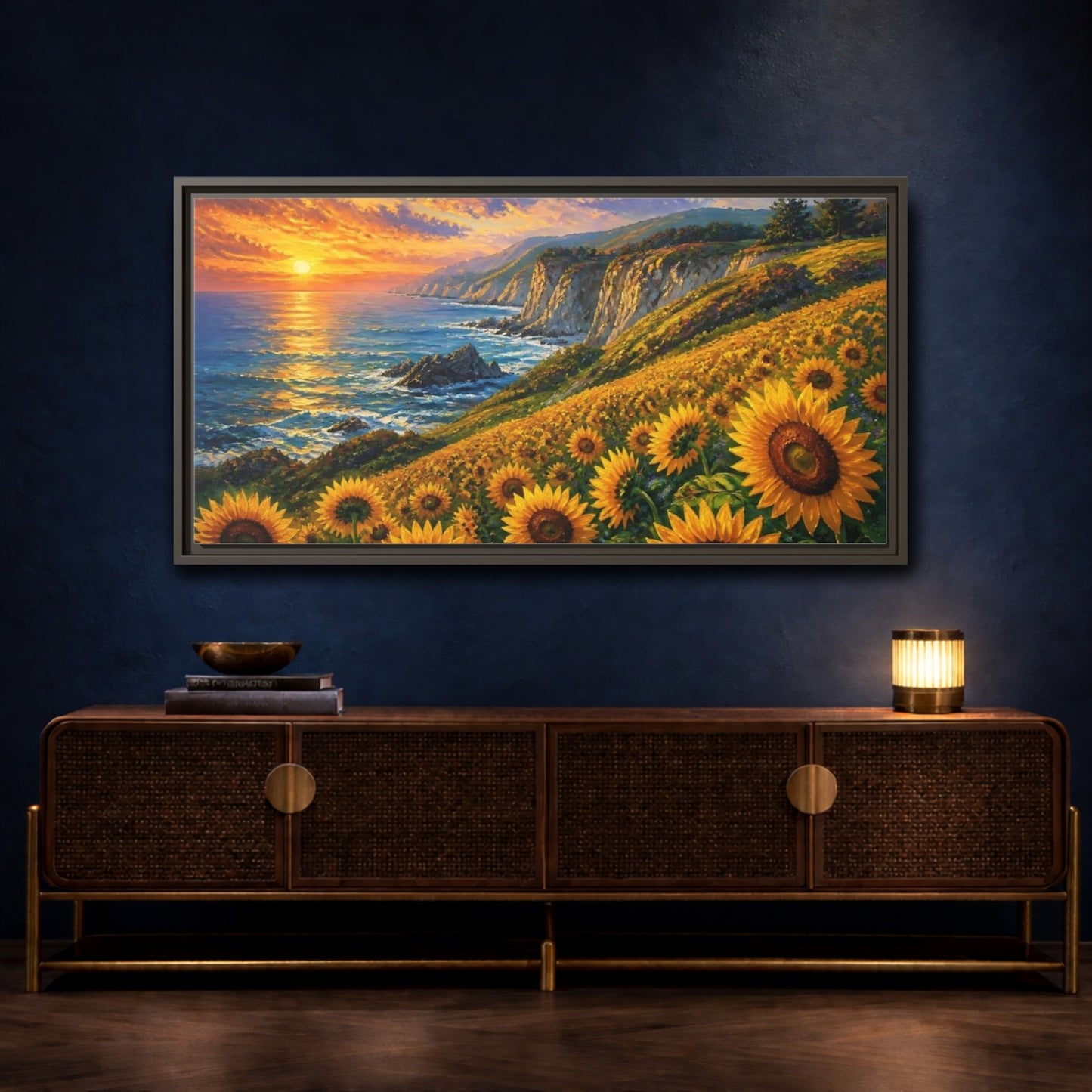 Mockup 4. Sunflowers By The Cliffs shown as framed canvas print