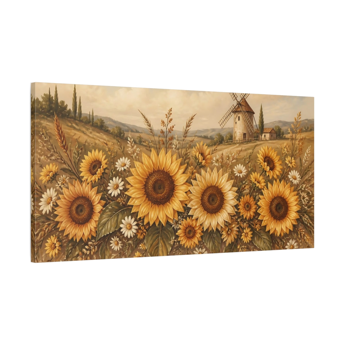 Main Mockup. Sunflowers By The Windmill shown as canvas print
