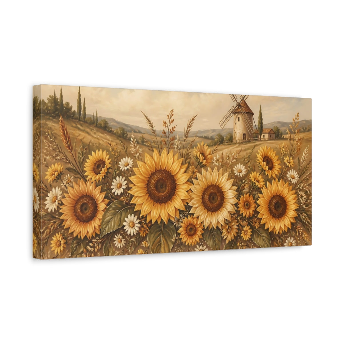 Side Mockup 3. Sunflowers By The Windmill shown as canvas print