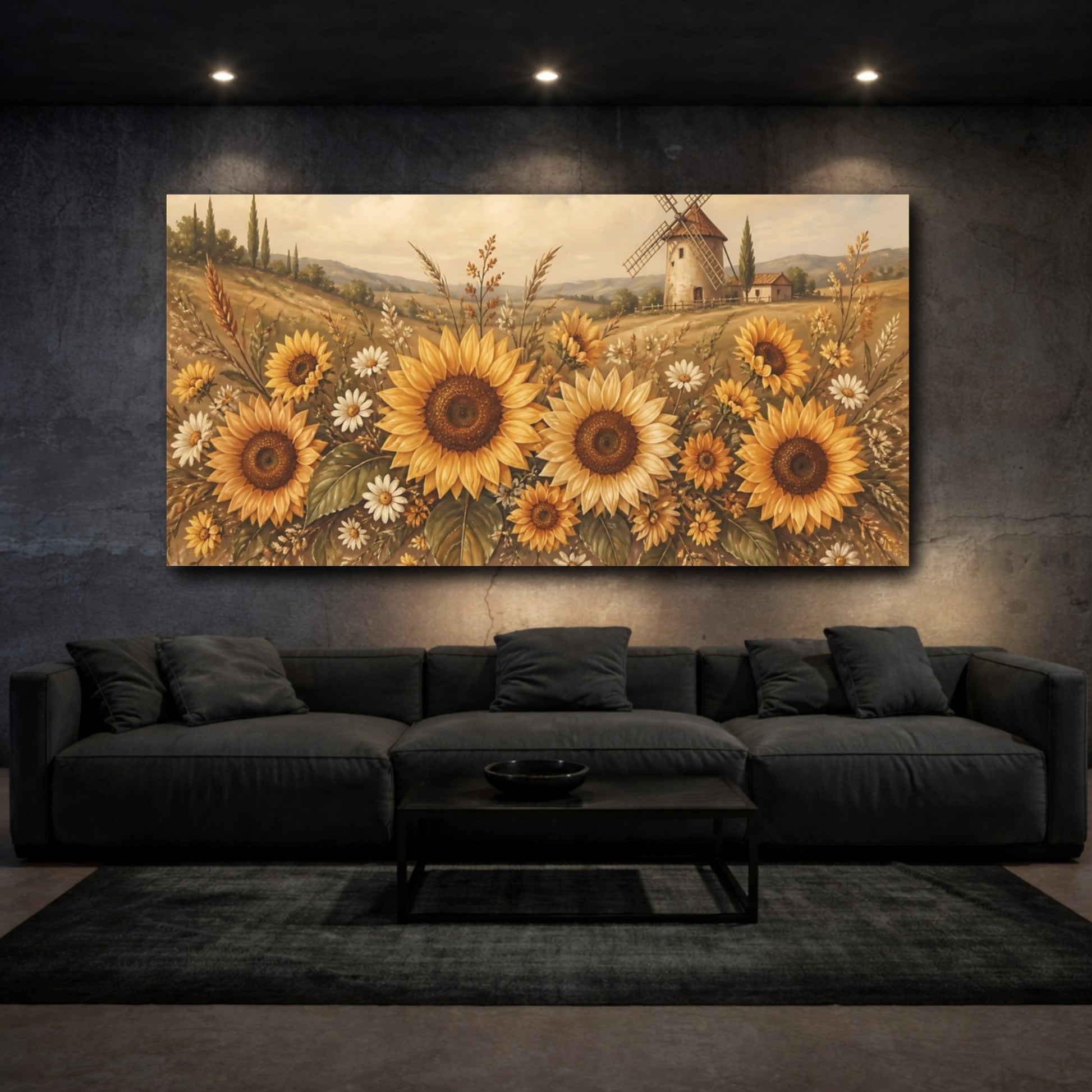 Mockup 3. Sunflowers By The Windmill shown as canvas print