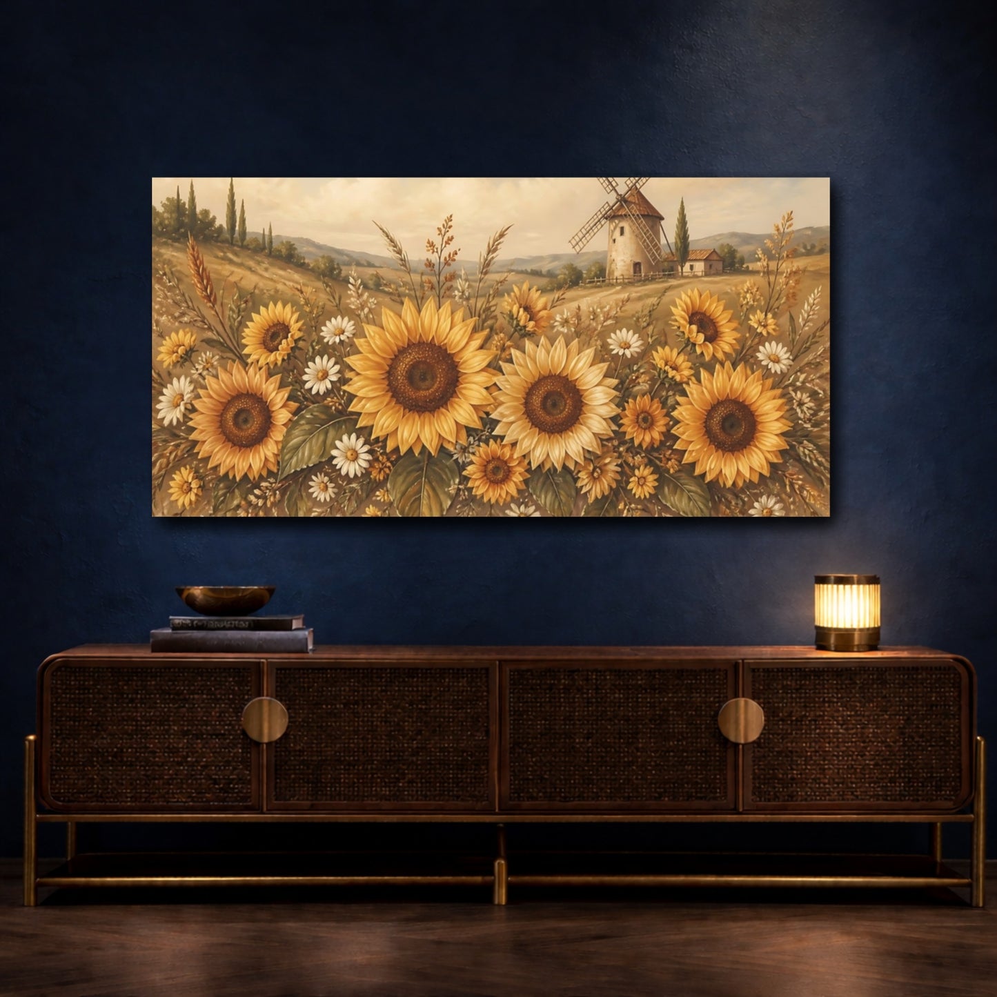 Mockup 4. Sunflowers By The Windmill shown as canvas print