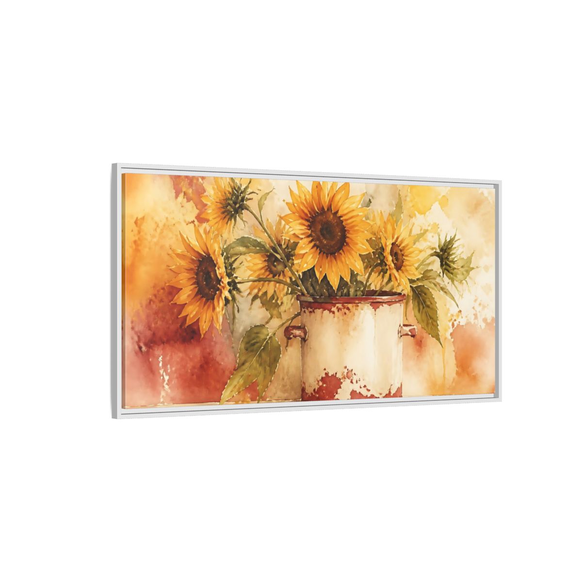 Side Mockup 3. Sunflowers In Chipped Crock shown as framed canvas print