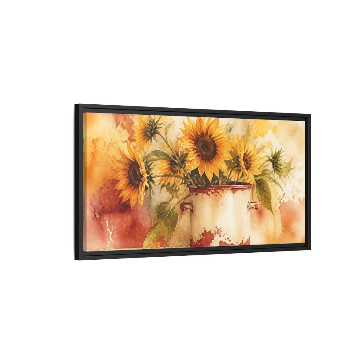 Side Mockup 2. Sunflowers In Chipped Crock shown as framed canvas print