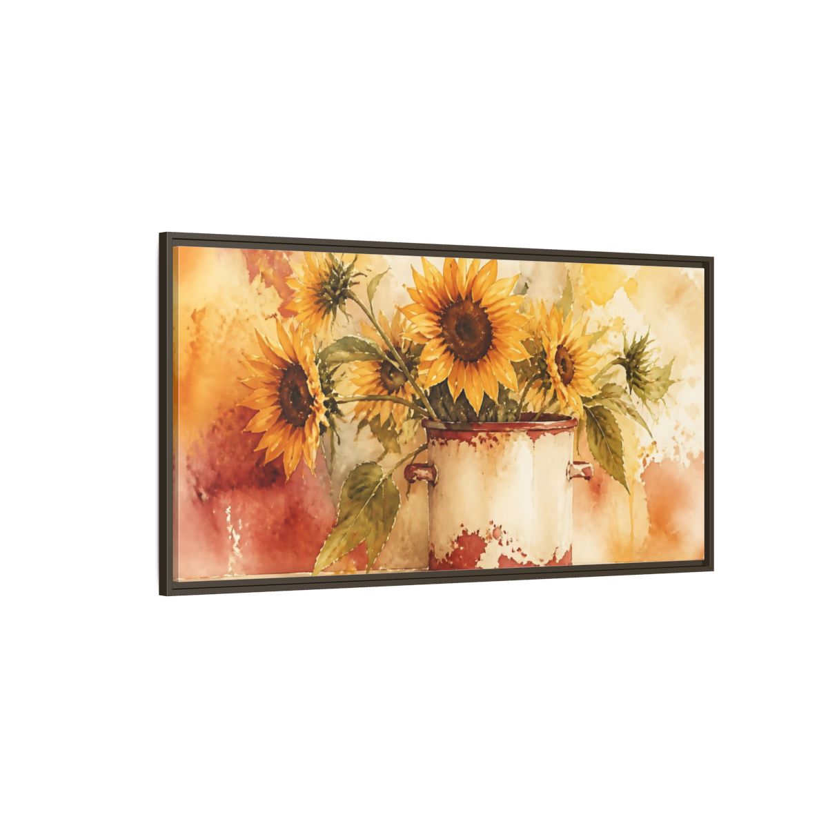Side Mockup 4. Sunflowers In Chipped Crock shown as framed canvas print