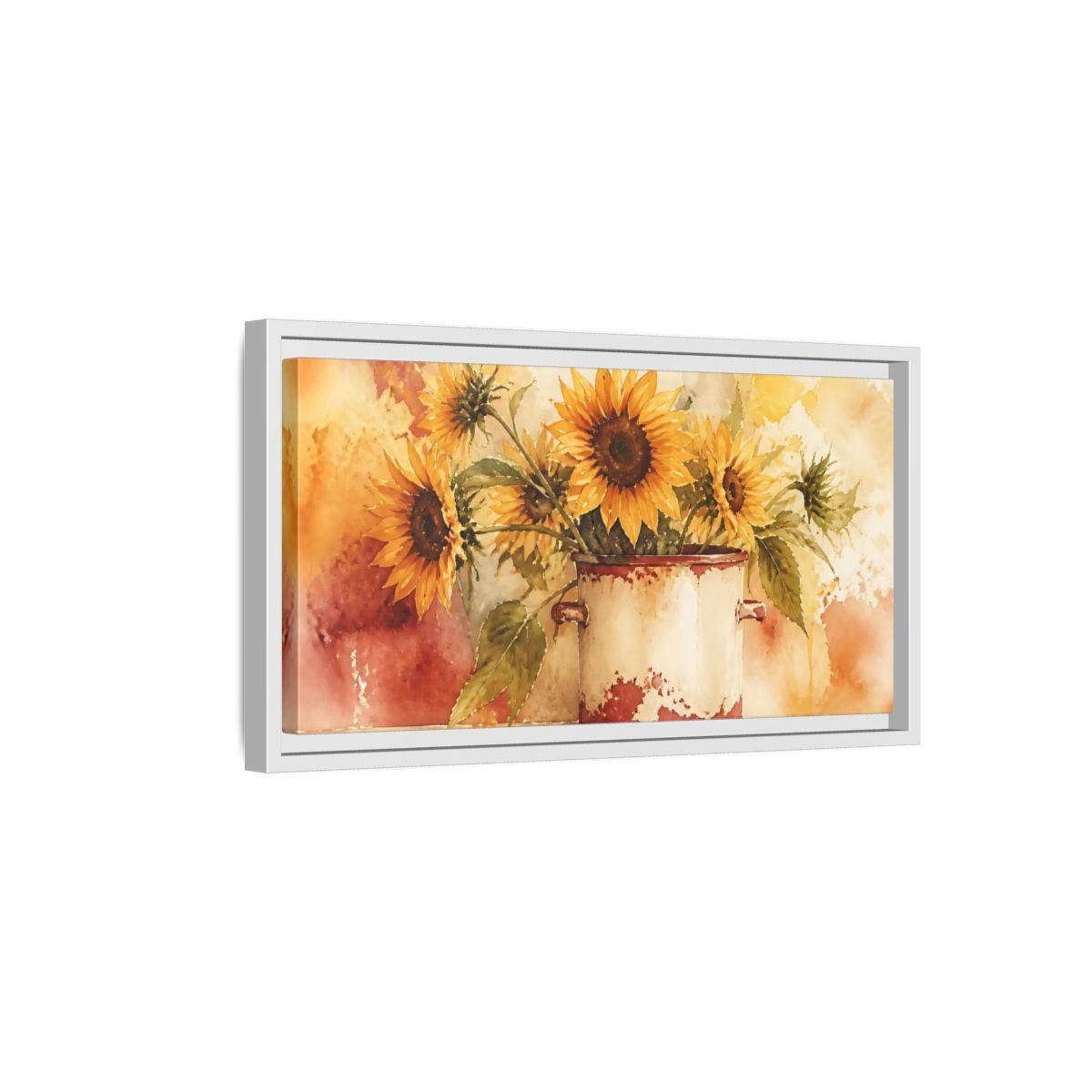 Side Mockup 6. Sunflowers In Chipped Crock shown as framed canvas print
