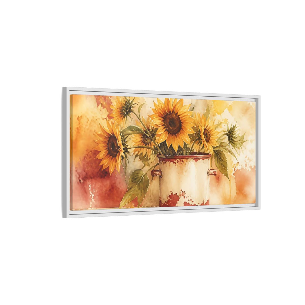 Side Mockup 1. Sunflowers In Chipped Crock shown as framed canvas print