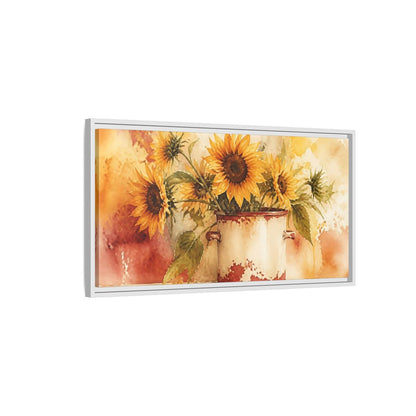 Side Mockup 1. Sunflowers In Chipped Crock shown as framed canvas print