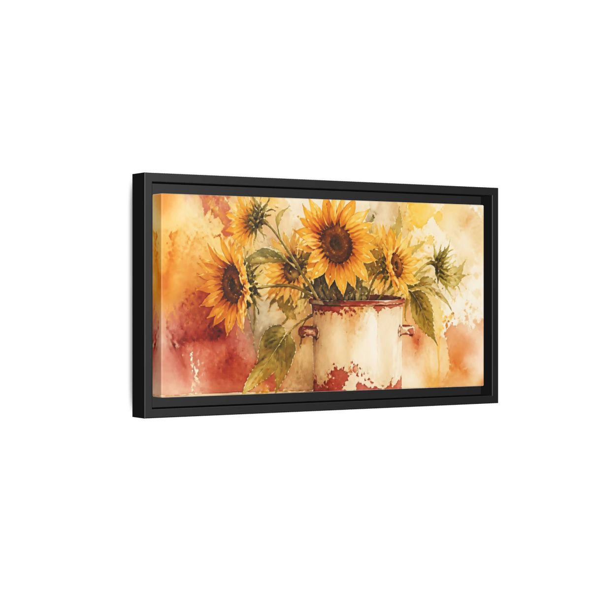 Side Mockup 8. Sunflowers In Chipped Crock shown as framed canvas print