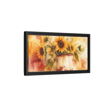 Side Mockup 8. Sunflowers In Chipped Crock shown as framed canvas print