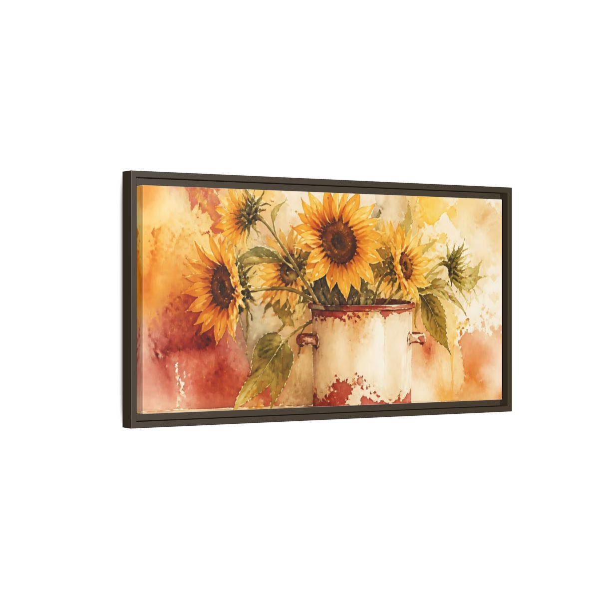 Main Mockup. Sunflowers In Chipped Crock shown as framed canvas print