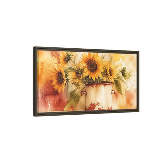 Main Mockup. Sunflowers In Chipped Crock shown as framed canvas print