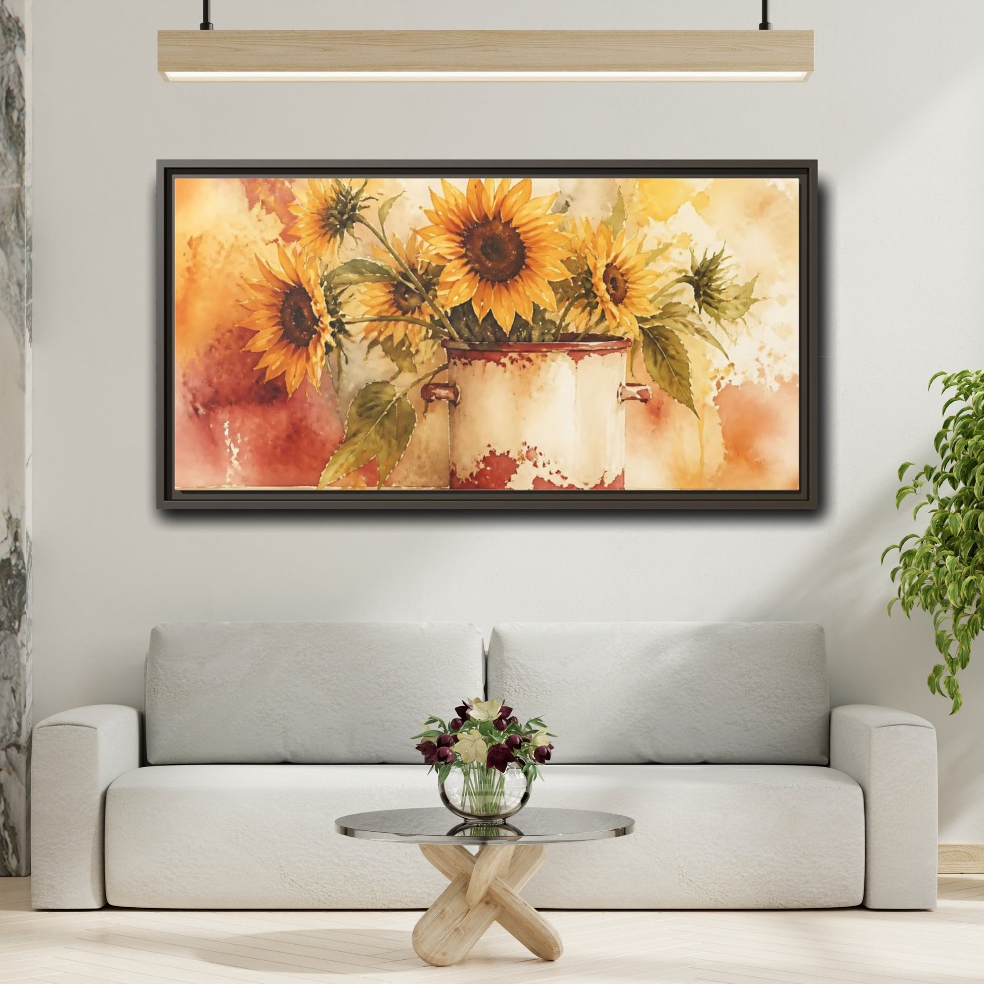 Mockup 2. Sunflowers In Chipped Crock shown as framed canvas print
