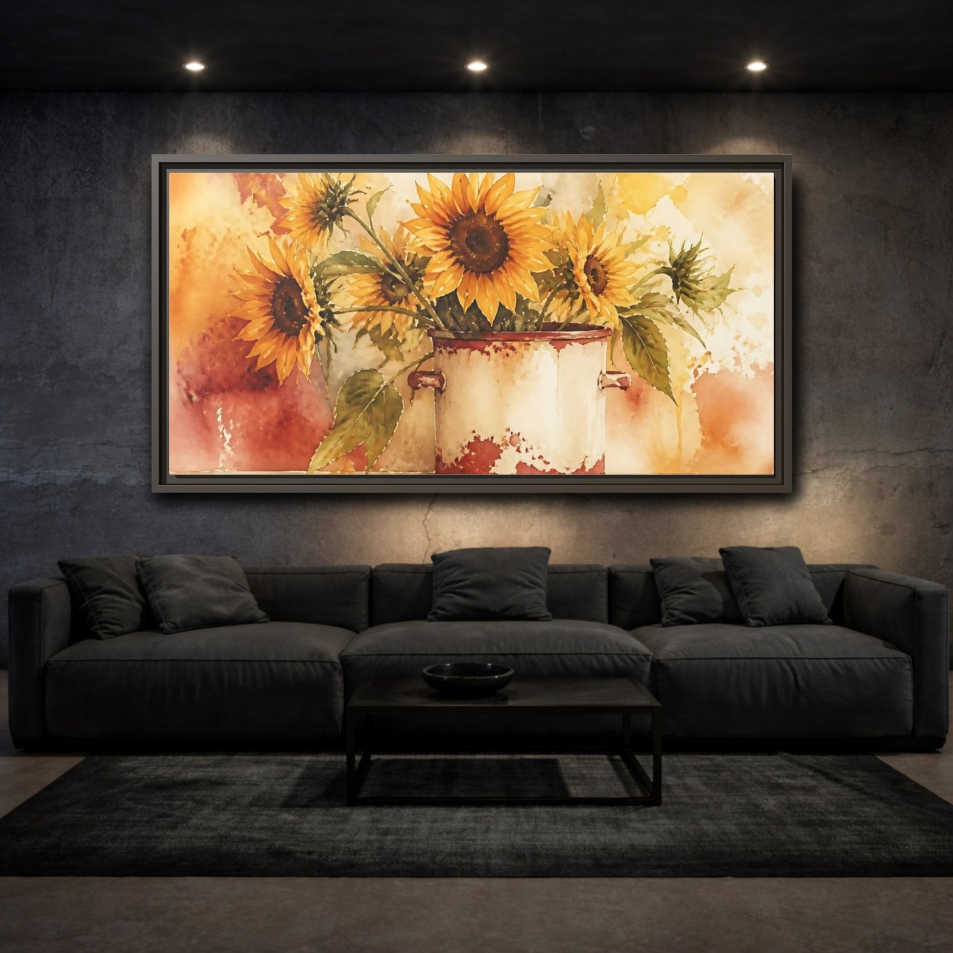 Mockup 3. Sunflowers In Chipped Crock shown as framed canvas print