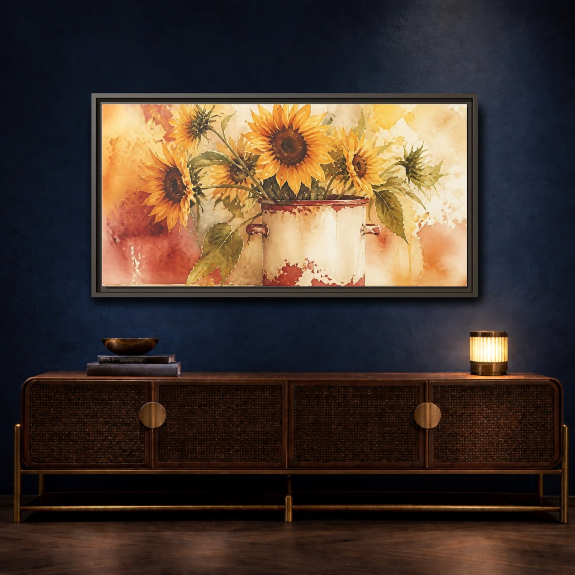 Mockup 4. Sunflowers In Chipped Crock shown as framed canvas print