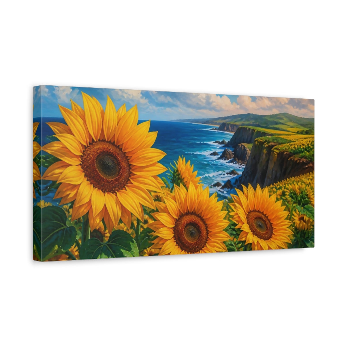 Side Mockup 3. Sunflowers On Coastal Cliffs shown as canvas print