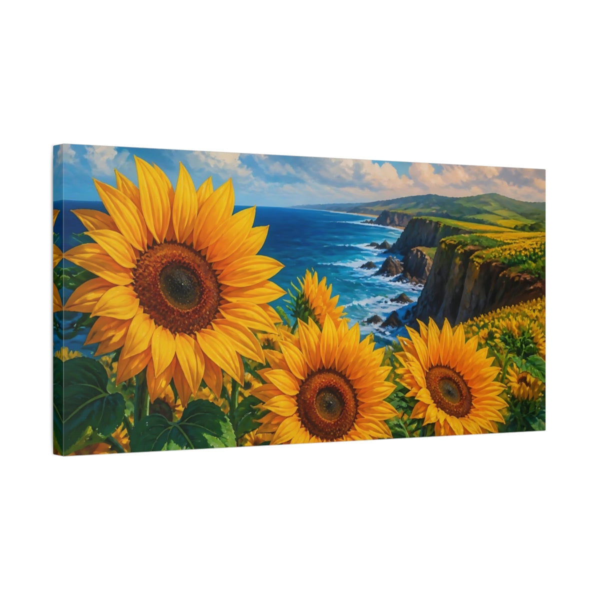 Side Mockup 1. Sunflowers On Coastal Cliffs shown as canvas print
