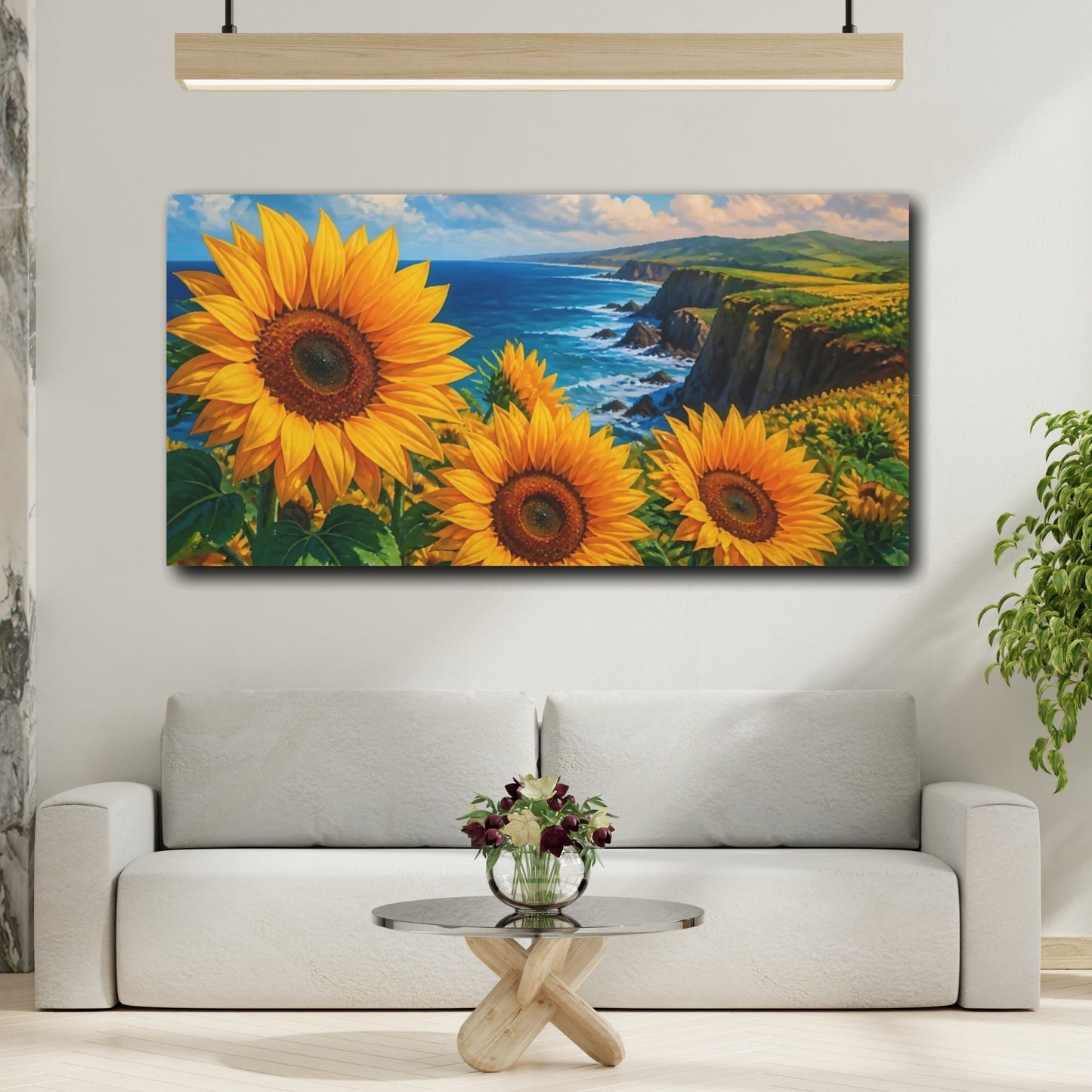 Mockup 2. Sunflowers On Coastal Cliffs shown as canvas print