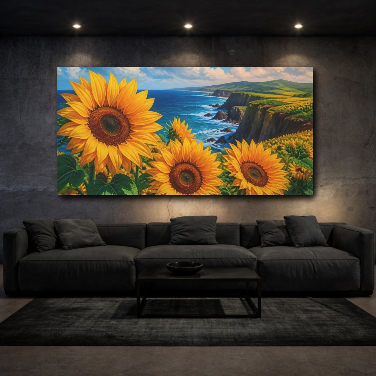 Mockup 3. Sunflowers On Coastal Cliffs shown as canvas print