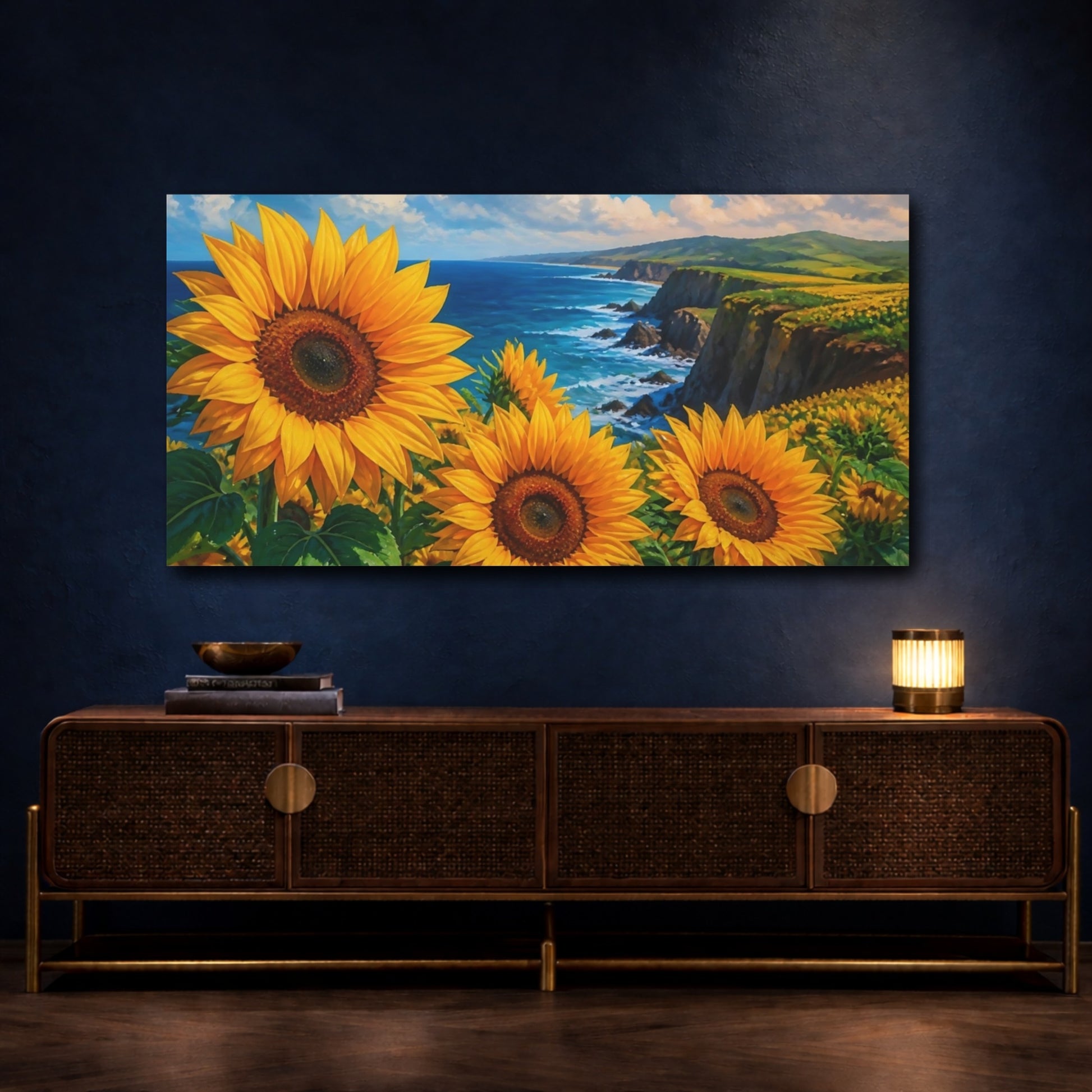 Mockup 4. Sunflowers On Coastal Cliffs shown as canvas print