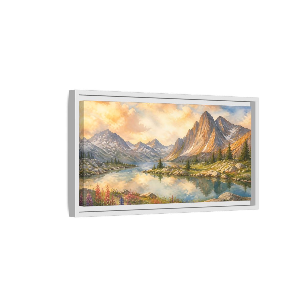 Side Mockup 6. Sunlit Alpine Lake shown as framed canvas print