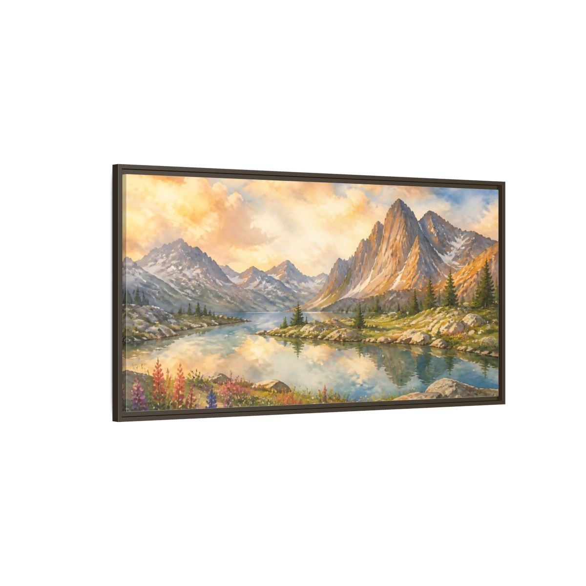 Side Mockup 4. Sunlit Alpine Lake shown as framed canvas print